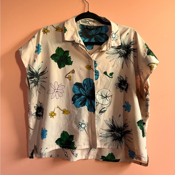 Topshop Cropped Pink Floral Boxy Button Up Top Size 10 - Picture 1 of 6